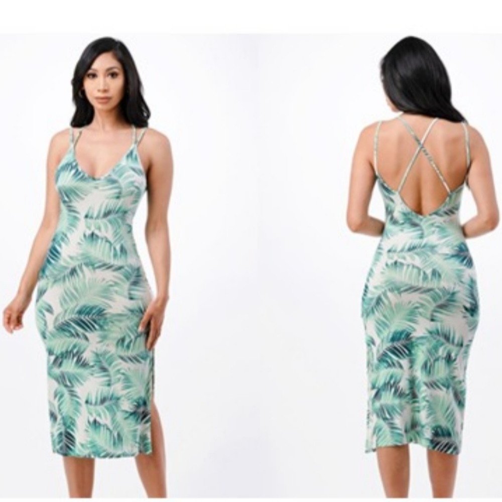 Double Strapped Criss Cross Cami Tropical Dress White & Green